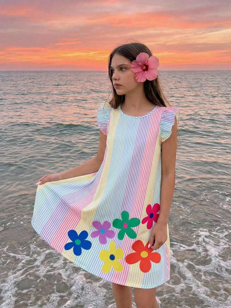 هذا الفستان للأطفال يتميز بتصميم فضفاض على شكل حرف A، مع خطوط عمودية ملونة بألوان نمط وأكمام مكسرة متدلية، بأسلوب حلو وبارد، مناسب للحفلات والألعاب الخارجية والمناسبات غير الرسمية الأخرى. - متعدد الألوان - مشاهدة 9