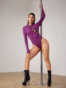 Menodora SHEIN Sport 女士时尚性感豹纹镂空拇指孔弹力紧身连体裤 - 玫紅色 - 查看 5