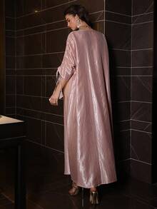 Al Najma Fashionable Elegant V-Neck Batwing Sleeve Ruched Long Dress, Spring/Summer Pink Metallic Kaftan Luxury Kaftan Dress For Evening Party/Wedding Guest/Anniversary Formal Elegant Party Uxury Evening Dresses Wedding Party Dress - Pink - View 3