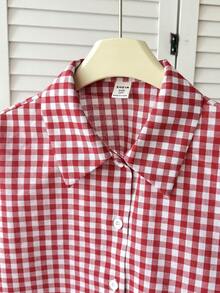 SHEIN 少女格子短款宽松休闲衬衫 - 紅色 - 查看 4