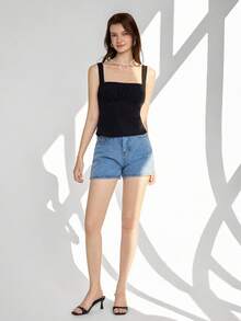 Ardnt Áo hai dây cổ vuông phong cách Pháp cổ điển tối giản, ôm eo, kiểu dáng thon gọn, món đồ không thể thiếu trong mùa hè, thiết kế đơn giản và đa năng. - màu đen - Xem 4