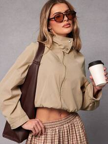 Hauture Women's Cropped Casual Twill Trucker Jacker - Khaki - View 1