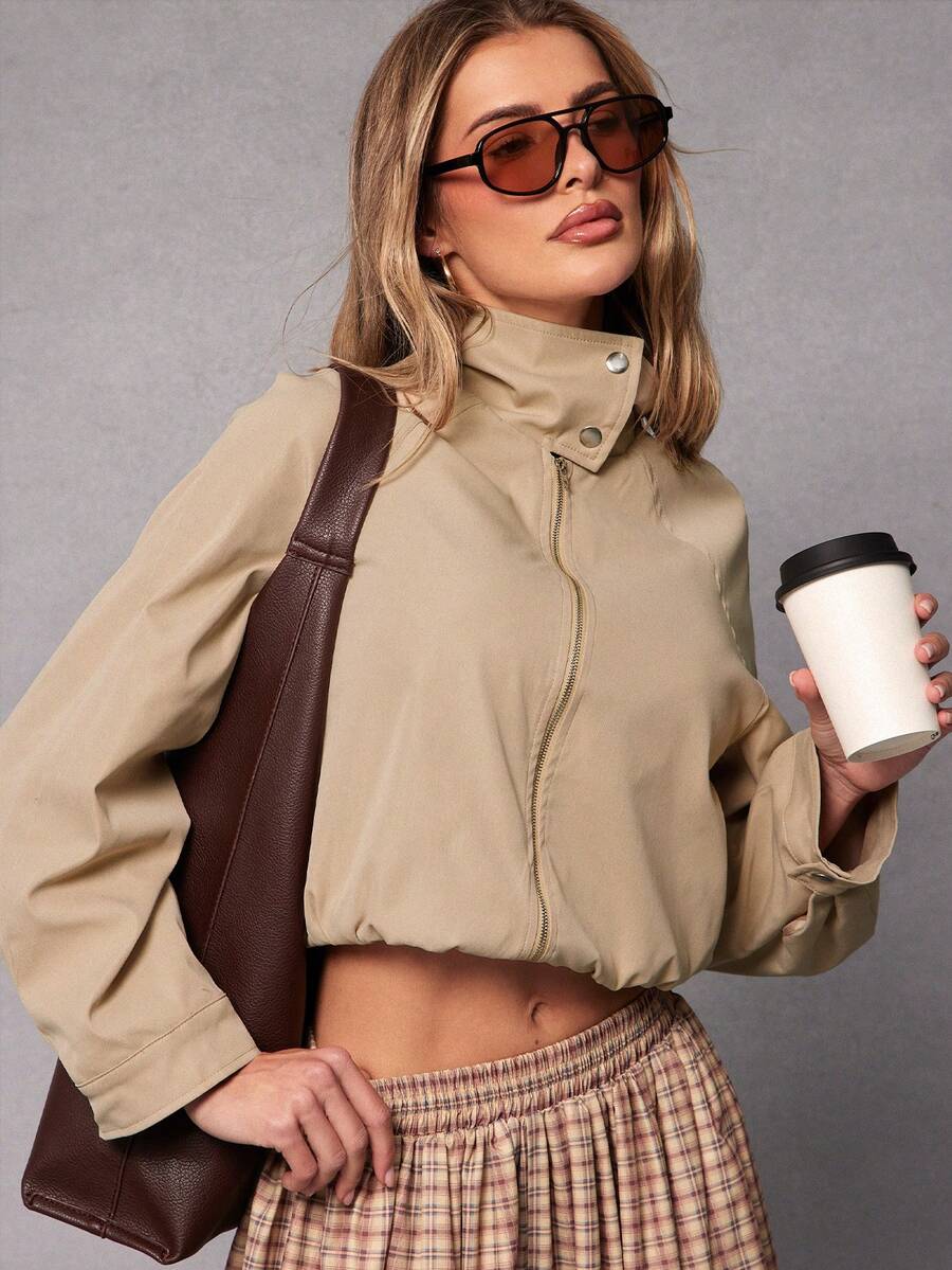 Hauture Women's Cropped Casual Twill Trucker Jacker - Khaki - View 1