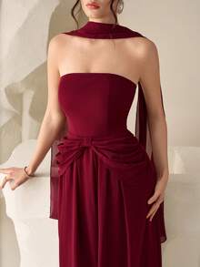 Modelyn Women's Elegant Strapless Ruffle Trim Slim Fit Dress - Burgundy - View 7