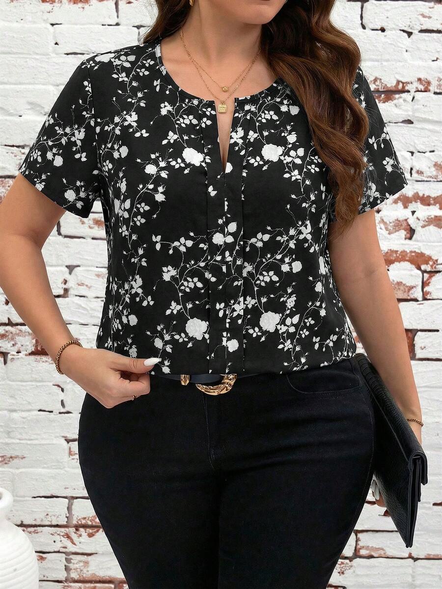 SHEIN Clasi Áo sơ mi tay ngắn cổ chữ V in hoa cỡ lớn, kiểu dáng thường ngày. - màu đen - Xem 1