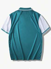 Manfinity Mode 男士撞色印花翻领 Polo 衫，适合外出和各种活动 - 綠色 - 查看 2