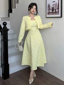 Modelyn 优雅外出女士提花套装 - 黃色 - 查看 3