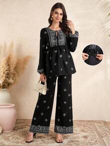 Momance Printed V-Neck Tie Top And Straight Leg Pants Elegant Maternity 2 Pieces Set - Black - View 1