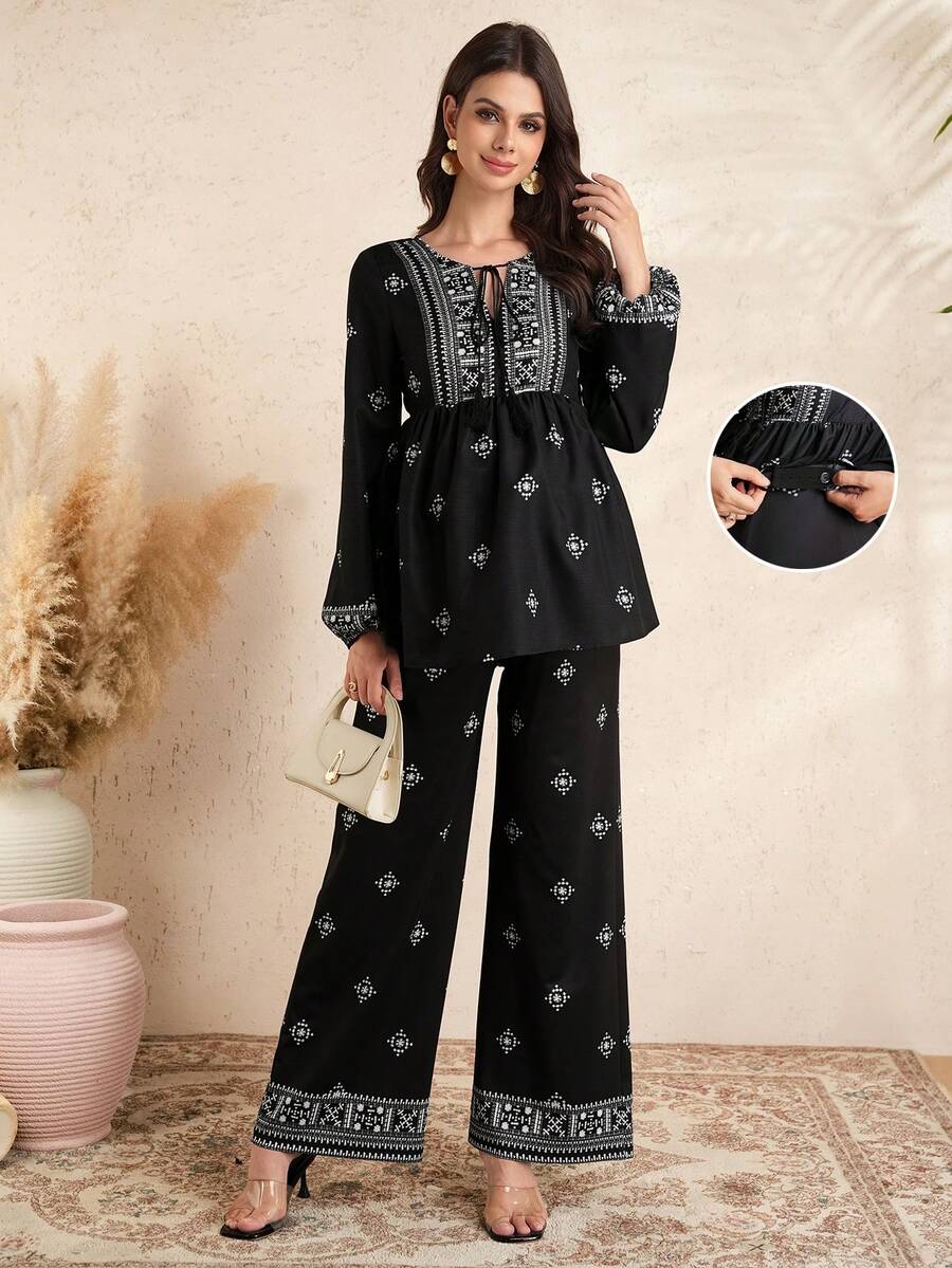 Momance Printed V-Neck Tie Top And Straight Leg Pants Elegant Maternity 2 Pieces Set - Black - View 1