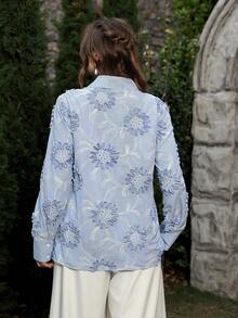 VOLUPTÉ CURVE Plus Size Summer Light Blue Floral Jacquard Cotton Collar Long-Sleeve Blouse For Parties, Galas, Going Out, Graduation, Birthdays - Blue - View 2