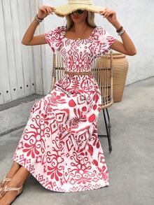 Breezaya Women's Summer Vacation Allover Print Ruffle Hem Crop Top And Mini Skirt 2 Pieces Set - Red and White - View 6