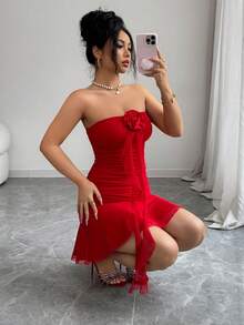 SHEIN Raffinéa Valentine's Day New Mesh High Elasticity Knit Patchwork 3D Floral Solid Color Fitted Bustier Double Layer Design Hand-Studded Flower Ruffle Waist Backless Bodycon Mini Dress, Romantic Spring/Summer Party, Holiday, Date Night, Valentine's Day, Elegant Sexy Y2KWomen's Sexy Red Strapless Bodycon Mini Dress With Ruffle Hem And Mesh Details - Red - View 3