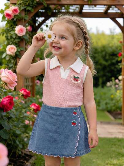 SHEIN طقم بنطلون قصير جينز وسترة علوية للبنات الصغيرات، السترة مزينة بياقة من نسيج مضلع بقلب، والبنطلون القصير مطرز بالكرز بتصميم موجي أنيق، مجموعة مكونة من قطعتين لفصل الصيف