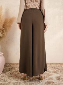 SHEIN Women's Summer Linen-Feel Solid Casual Wide Leg Pants, Adjustable Elastic Waist Maternity Pants - Brown - View 4