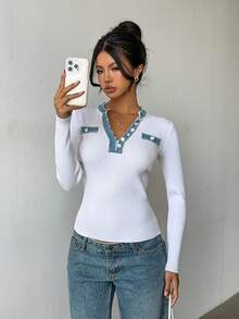 SHEIN Clasi Women's Elegant Fitted Half-Open Collar Denim Patchwork & Element Front Button Design Long Sleeve Sweater, Spring/Summer - White - View 5