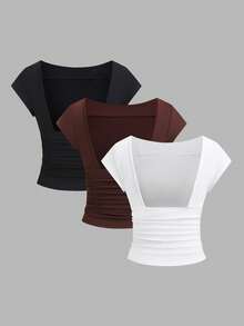 Sweetra Solid Color Round Neck Pleated Fitted Elegant Fashion Short Sleeve T-Shirt - Multicolor - View 2