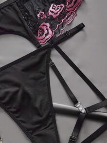 EmpressEnvy 大码刺绣花卉拼接牛奶丝吊袜带及露背三件套性感内衣套装 - 黑色 - 查看 4