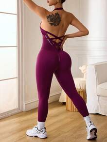 Slayform Seamless Knit Sexy Backless Halter Jumpsuit - Purple - View 3