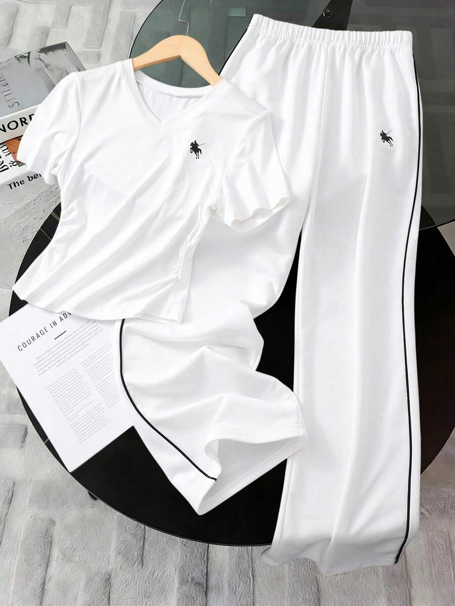 一件式短袖休闲印花春夏少女夏季通勤套装，运动休闲直筒裤，短袖轻便舒适两件套。 - 杏色 - 查看 1