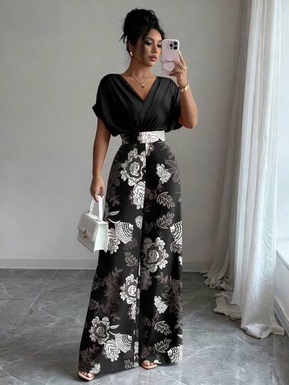 Elenzga Women's V-Neck Loose Pleated Waist Printed Long Jumpsuit