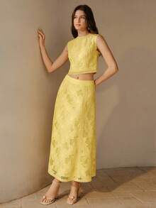 MOTF PREMIUM WOMEN'S HIGH WAIST LOOSE A-LINE HOLLOW OUT EMBROIDERY SKIRT, ELEGANT AND SLIMMING, SUMMER - Yellow - View 3