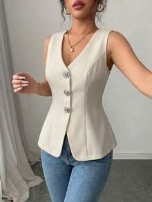 Elenzga 女士春夏通勤款前扣休闲金属装饰西装外套 - 杏色 - 查看 3