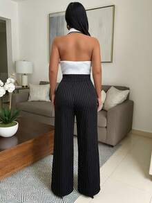 Vavine Conjunto elegante de negocios casuales para mujer, con top de chaleco ajustado con decoración de tweed, solapa y botones metálicos sexy, y pantalones rectos a rayas de cintura larga y casual, conjunto de 2 piezas - Blanco y Negro - Ver 2