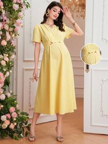 Momance-D New Maternity Dress, Woven Fabric With Ruffle Sleeves, Waist Button Decor, Drawstring Waist Design, Elegant Casual Everyday Wear - Yellow - View 1