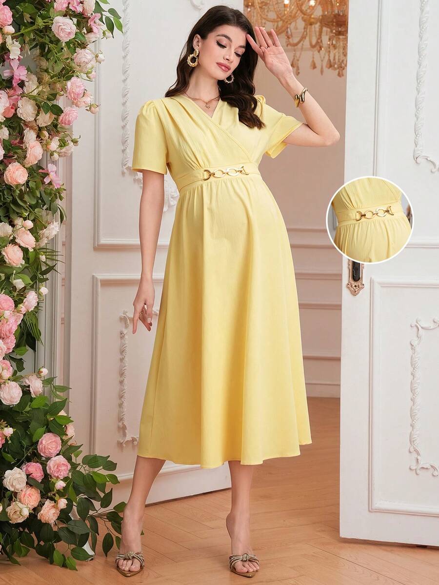 Momance-D New Maternity Dress, Woven Fabric With Ruffle Sleeves, Waist Button Decor, Drawstring Waist Design, Elegant Casual Everyday Wear - Yellow - View 1