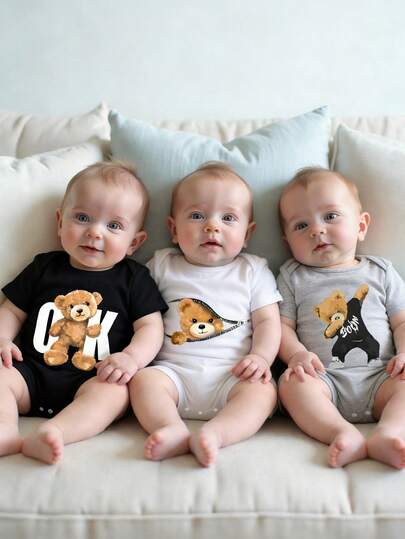SHEIN Playful Pals 3pcs/Set Baby Boy Casual Streetwear Bodysuit, Black, White, Gray, Bear Print, Suitable For Spring/Summer