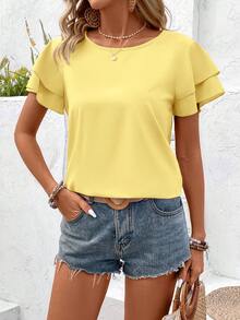 Balvessa Women's Simple Casual Solid Color Round Neck Ruffle Sleeve Blouse, Summer - Light Yellow - View 5