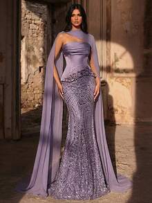 Glamrae Elegantes braunes luxuriöses Paillettenspitze-Patchwork-Kleid mit Off-Shoulder Meerjungfrauensaum und verstellbarer Krawatte, geeignet für Dates, Urlaub, Singles-Partys, Hochzeiten, formelle Anlässe - Violett - Übersicht 7