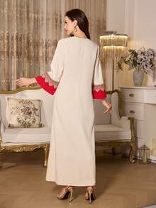 Elenzga Đầm dài nữ kiểu vintage phối màu trơn, cổ chữ V, tay dài, họa tiết hoa, dáng rộng, phong cách độc đáo, thích hợp dự tiệc hoặc đi nghỉ mát. - Màu be - Xem 2