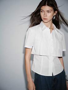 Lumivelle Women's Spring/Summer New Blouse Short Sleeve 2 In 1 Design Urban Chic Elegant White Shirt Collar Shirt Cropped Button Up - White - View 7