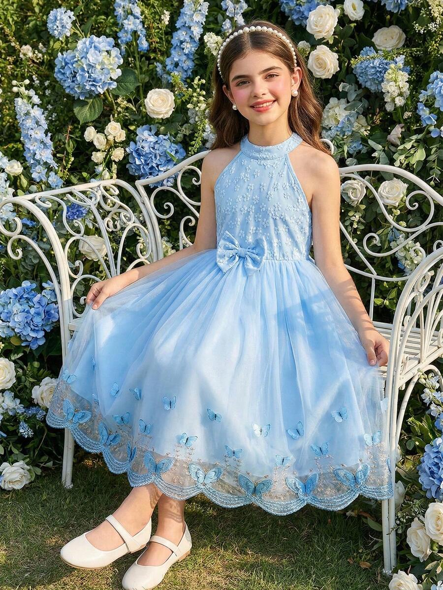 SHEIN Elegant Blue Sleeveless Dress For Tween GirlsSweet Princess Style With Bow Design, Fashionable And Graceful - Blue - View 1