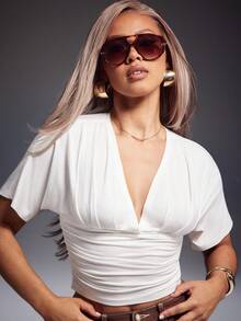 Denimoi Cinched Waist Ruched Butterfly Sleeve Top GNO Date Night Outfits Brunch Outfits Fashion Tops - White - View 3