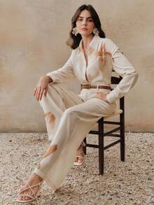 Anewsta 春夏沙滩套装，低饱和度扎染简约印花杏色长袖上衣和裤子两件套，休闲度假 - 杏色 - 查看 1