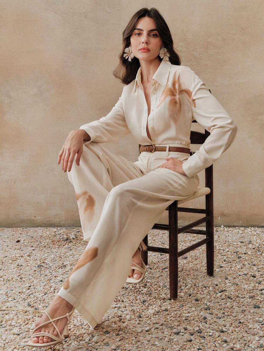 Anewsta 春夏沙滩套装，低饱和度扎染简约印花杏色长袖上衣和裤子两件套，休闲度假 - 杏色 - 查看 1