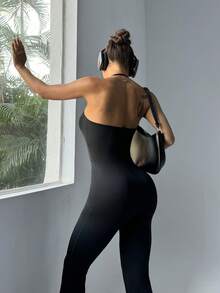 SHEIN Velisys Halter Flared Contrast Trim Fitted Sleeveless Jumpsuit - Multicolor - View 6