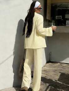 Bonvoyette 2件套夏季度假纯色休闲长袖翻领罩衫和高腰直筒裤女式罩衫 - 黃色 - 查看 2