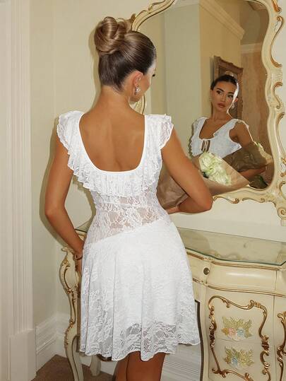 Glamine Charm Women's Fashion Lace Sexy Backless Ruffle Hem Dress White Brunch Dress Y2k White Vintage Dress White Summer Dress Wedding Easter Boho White Dress Lace White Dress