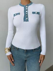 SHEIN Clasi Women's Elegant Fitted Half-Open Collar Denim Patchwork & Element Front Button Design Long Sleeve Sweater, Spring/Summer - White - View 6