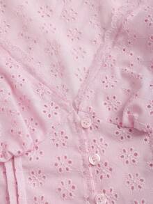 Sweetra Light Pink Summer Cute Blouse For Women,Dates Girly V-Neck Patchwork Ruffle Puff Sleeve Embroidered Floral Slim Fit Soft Top,Music Festival - Pink - View 5