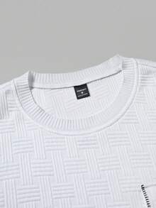 EGENSIO 男士纹理纯色刺绣口袋圆领休闲短袖T恤 - 白色 - 查看 6