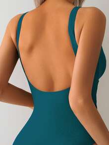 Swim Lushoire 女士休闲褶皱拼接紧身优雅露背连体泳衣，适合运动和海滩 - 水鴨藍 - 查看 6