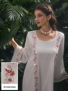Al Najma Sequin Patchwork Embroidered Floral Trim Solid Color Chiffon Blouse - White - View 2