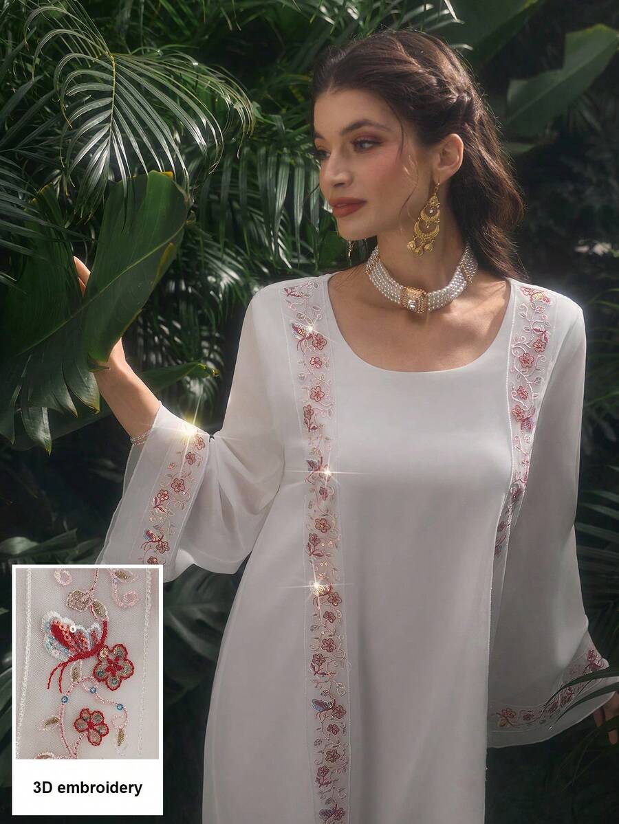 Al Najma Sequin Patchwork Embroidered Floral Trim Solid Color Chiffon Blouse