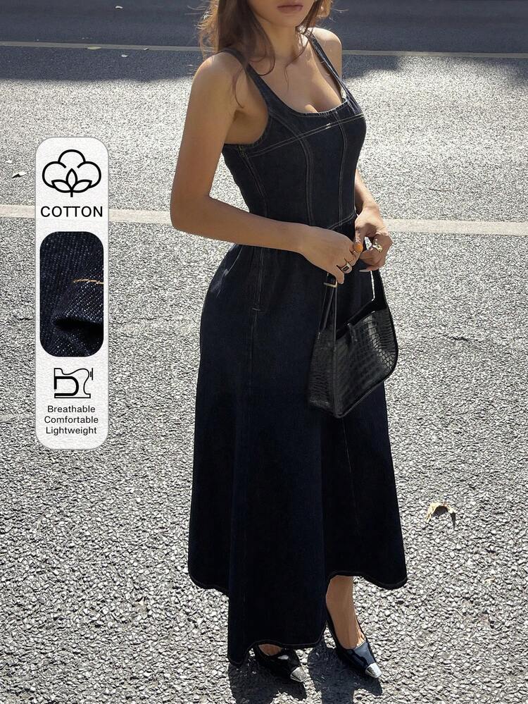 Women's Casual Washed Sleeveless Long Denim Dress