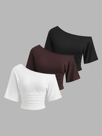 Sweetra New Sexy Cold Shoulder Fitted 3 Pieces Set, Fashionable For European And American Spring/Summer, Versatile For Daily, Commute, Casual Dates