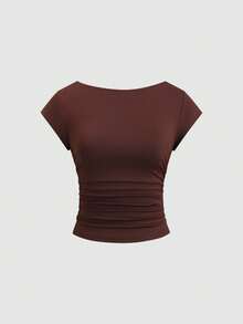 Sweetra Solid Color Round Neck Pleated Fitted Elegant Fashion Short Sleeve T-Shirt - Multicolor - View 7